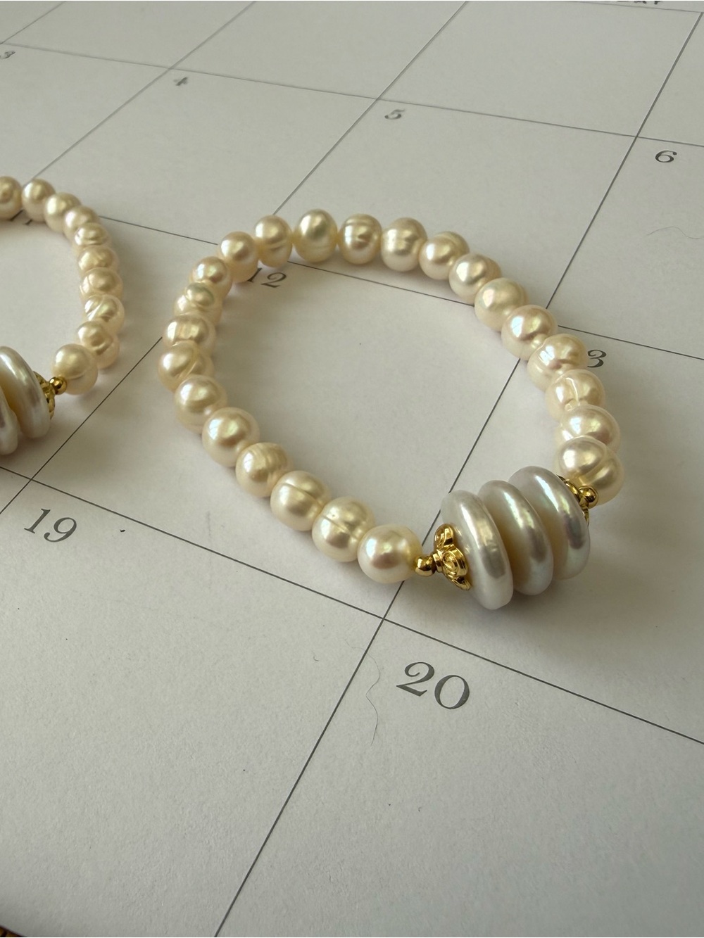 Classic White Freshwater Pearl Stack Bracelet with Gold Accents - Picture 2 of 3
